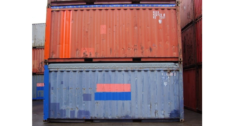  Two stacked open top shipping containers - external side view with doors and top closed	