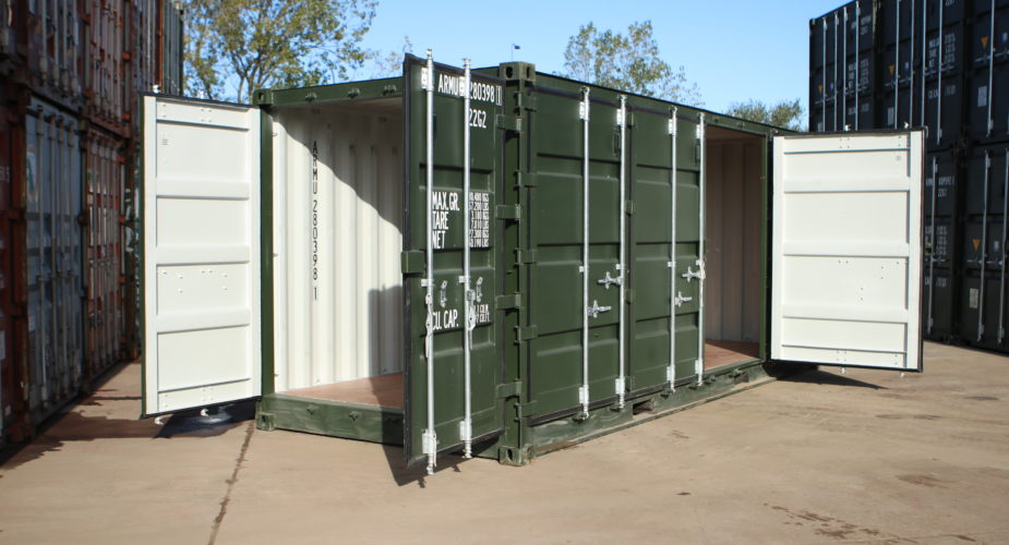  20ft Side Opening Container - External view with front doors open and one side door open	