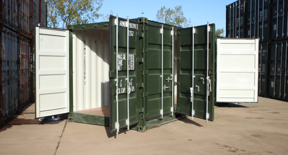  20ft full side access shipping container - External view with front doors open and two side doors open	