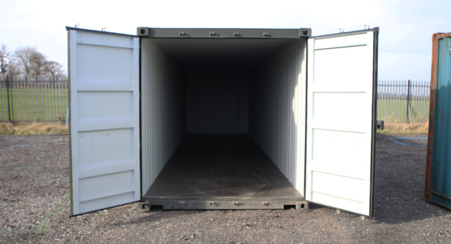  40ft New ‘One Trip’ Shipping Container - External front view with doors open	