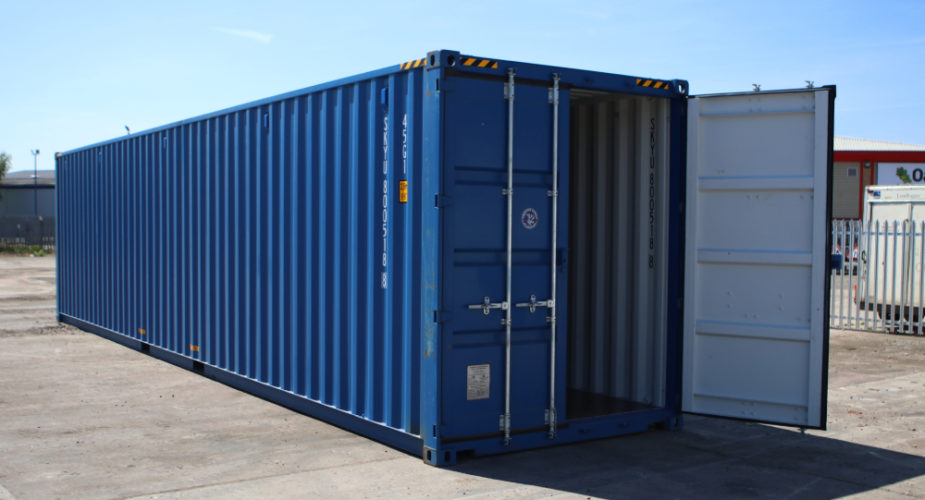  40ft New ’One Trip’ High Cube Shipping Container - External view with one door open	