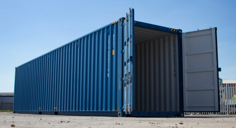  40ft New ’One Trip’ High Cube Shipping Container - External view with doors open	