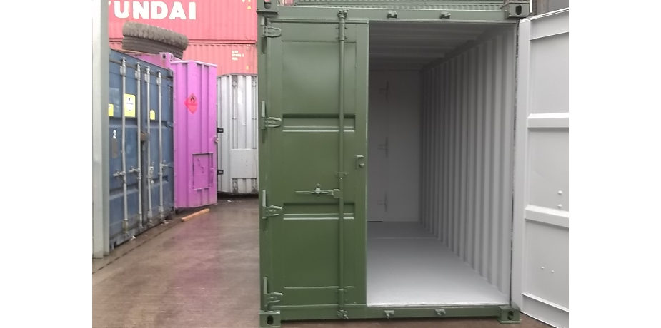  Purpose built 16ft x 7ft shipping container conversion - front view with one door open	