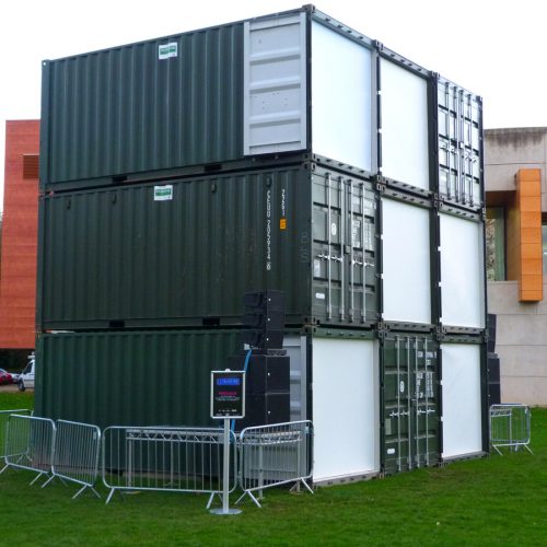 Precious Lumiere 2015 - 9no. 20ft new ‘one trip’ tunnel containers stacked used at Durham Lumiere 2015 for the ‘Precious’ art installation.