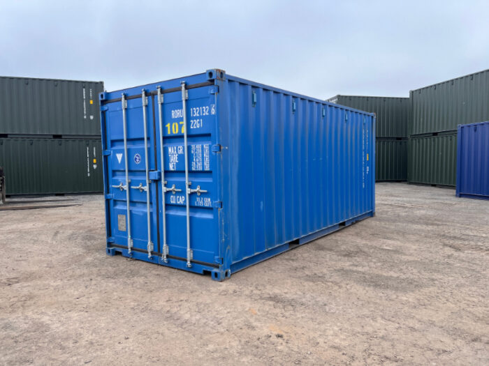 Right-hand side view of a blue ex-hire 20ft container in clean condition