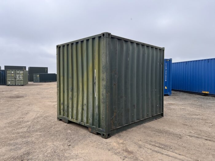 8ft green ex-hire shipping container showing rear left view on storage yard
