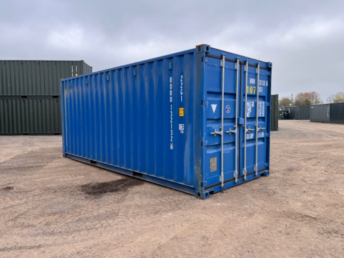 Exterior corner view of a Grade A 20ft ex-hire container in blue