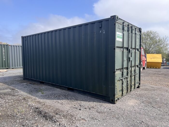 Alt Text 20ft green shipping container in good condition with Parsons Containers logo