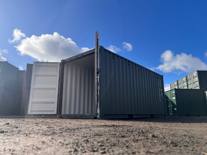 Open 20ft steel container with doors wide open, showing spacious interior and corrugated walls