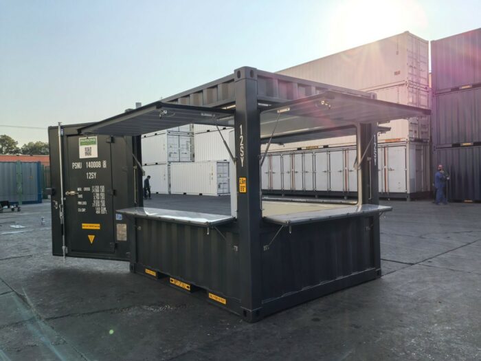 10ft container kiosk with triple open serving hatches and counters, steel unit for catering or retail use