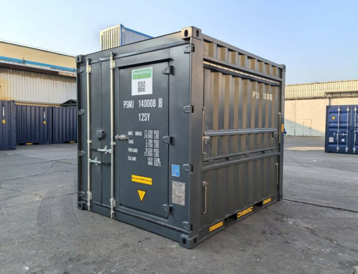 10ft container kiosk with personnel door and side hatch, steel container for retail use