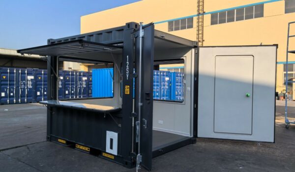 10ft container kiosk with open serving hatch and personnel door, steel unit for catering or retail use