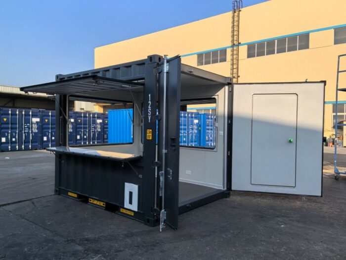 10ft container kiosk with open serving hatch and personnel door, steel unit for catering or retail use