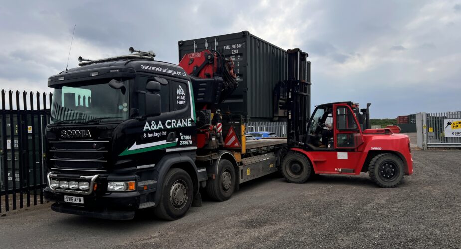  Loading at Darlington A66 of 20ft New One Trip Shipping Container in Green	