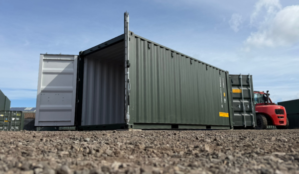 20ft tunnel shipping container with doors open both ends, new one trip container in RAL6007 green